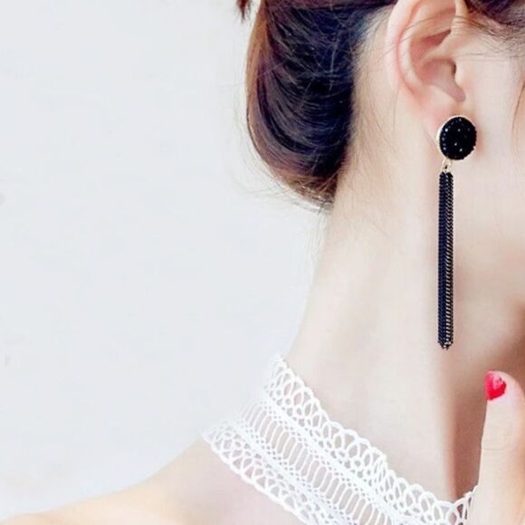 💎63💎 Modern Black Druzy with Long Black Chain Tassel Stud Earrings … - Picture 6 of 16